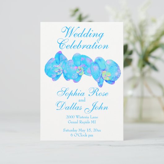 Tropical Blue Aquamarine Orchideenmalerei Einladung (Stehend Vorderseite)