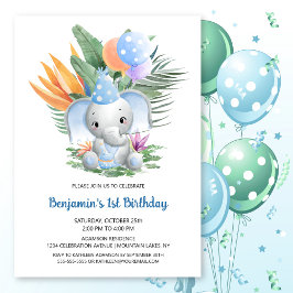 Tropical Blue Baby Elephant 1. Geburtstag Party Einladung