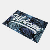 Tropical Blue Black Palm Blätter Willkommen Fußmatte (Schrägansicht)