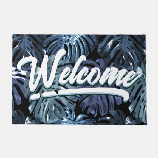 Tropical Blue Black Palm Blätter Willkommen Fußmatte (Vorderseite)
