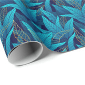 Tropical Blue Blätter mit goldenen Konturen Muster Geschenkpapier (Rolleneckpunkt)