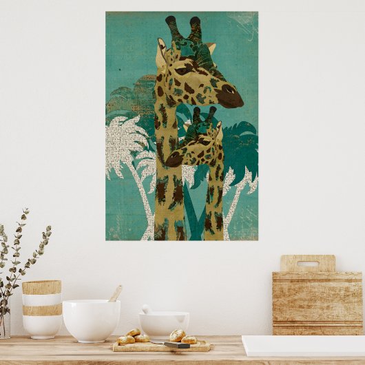 Tropical Blue Boho Giraffen Retro Art Poster (Küche)