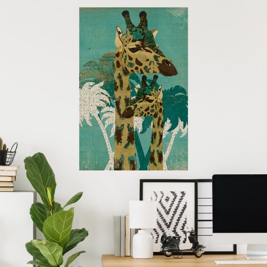Tropical Blue Boho Giraffen Retro Art Poster (Heimbüro)