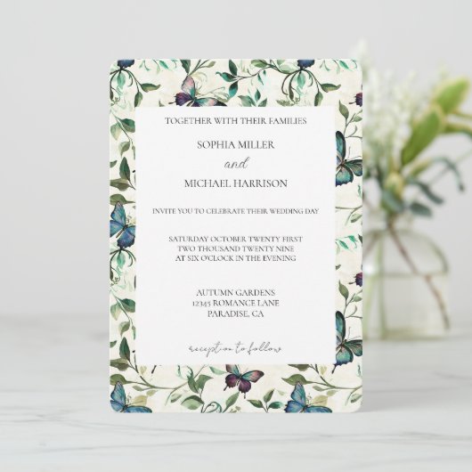 Tropical Blue Butterflies Wedding Einladung (Stehend Vorderseite)