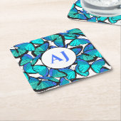 Tropical Blue Butterfly Print Mit Monogramm Rechteckiger Pappuntersetzer (angewinkelt)