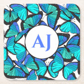 Tropical Blue Butterfly Print Mit Monogramm Rechteckiger Pappuntersetzer (Vorderseite)