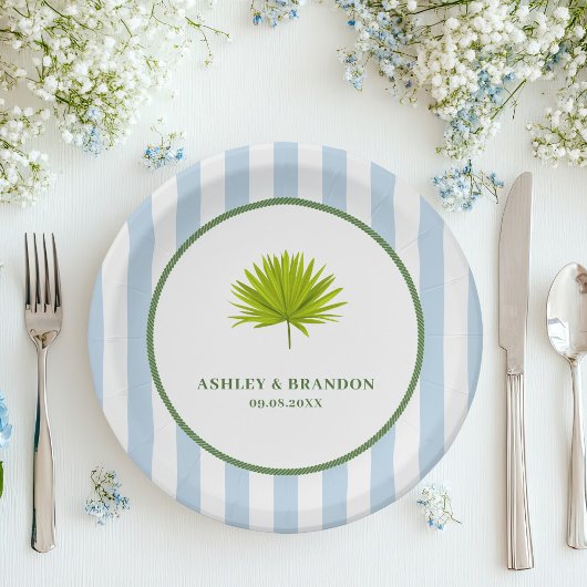 Tropical Blue Cabana Stripe Coastal Retro Wedding Pappteller
