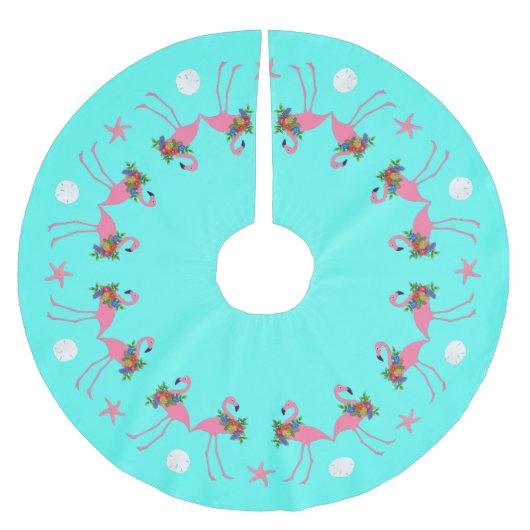 Tropical Blue Flamingo Weihnachtsgrenze Polyester Weihnachtsbaumdecke (Vorderseite)