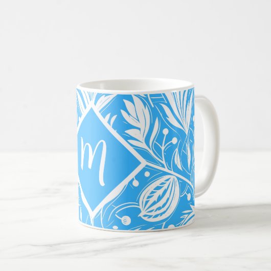 Tropical Blue Floral Pattern Diamond Monogram Kaffeetasse (VorderseiteRechts)