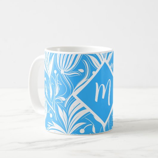 Tropical Blue Floral Pattern Diamond Monogram Kaffeetasse (Vorderseite Links)