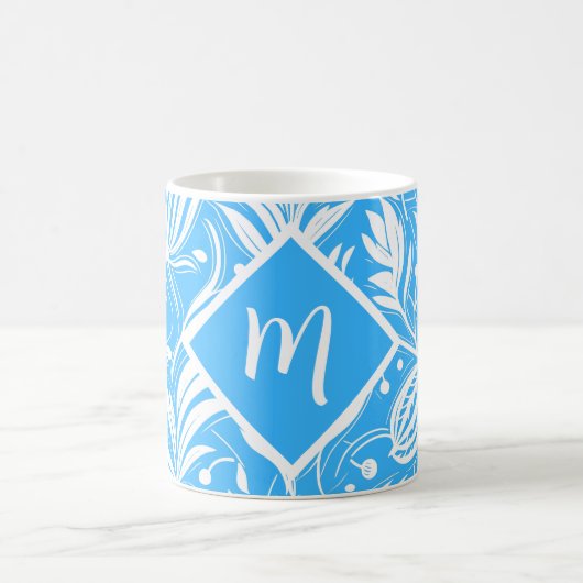 Tropical Blue Floral Pattern Diamond Monogram Kaffeetasse (Mittel)