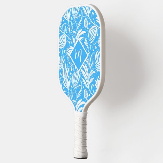 Tropical Blue Floral Pattern Diamond Monogram Pickleball Schläger (Links)