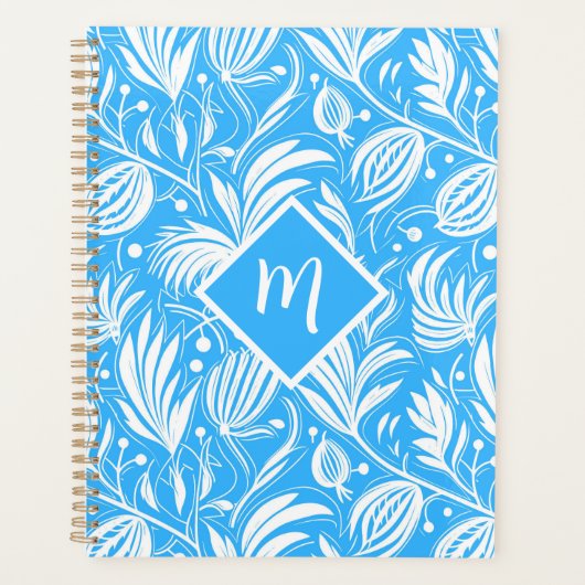Tropical Blue Floral Pattern Diamond Monogram Planer (Vorderseite)