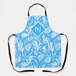 Tropical Blue Floral Pattern Diamond Monogram Schürze