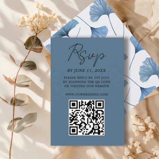 Tropical Blue Ginkgo Leaf Wedding RSVP Card Karte
