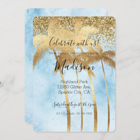 Tropical Blue Glitz Glitzer Gold Palm Trees Einladung (Vorne/Hinten)