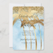 Tropical Blue Glitz Glitzer Gold Palm Trees Einladung (Vorderseite)
