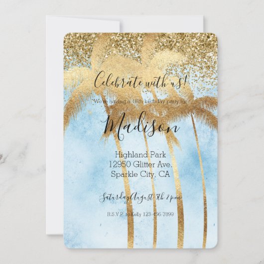 Tropical Blue Glitz Glitzer Gold Palm Trees Einladung (Vorderseite)