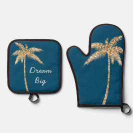 Tropical Blue Gold Glitzer Palm Tree Ofenhandschuh & Topflappen-Set