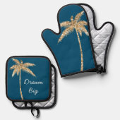Tropical Blue Gold Glitzer Palm Tree Ofenhandschuh & Topflappen-Set (Vorderseite/Rückseite)