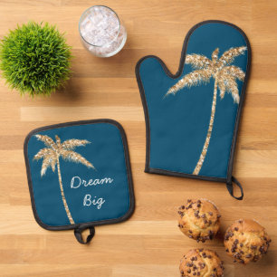 Tropical Blue Gold Glitzer Palm Tree Ofenhandschuh & Topflappen-Set