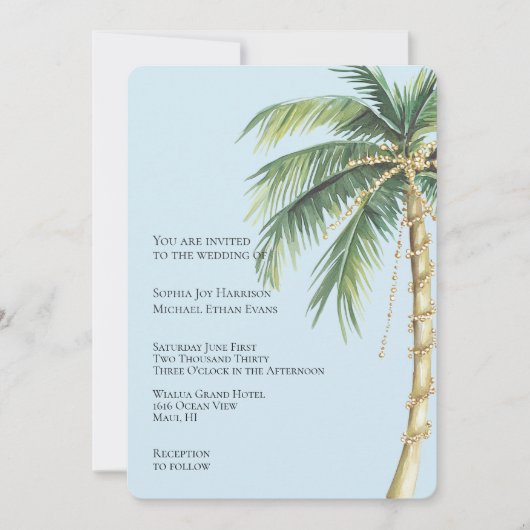 Tropical Blue Gold Glitzy Palm Tree Wedding Einladung (Vorderseite)