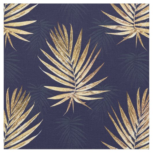 Tropical Blue Gold Palm Blätter Grüne Stoff (Nahaufnahme)