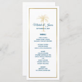 Tropical Blue Gold Palm Tree Beach Hochzeit Menükarte (Vorne/Hinten)