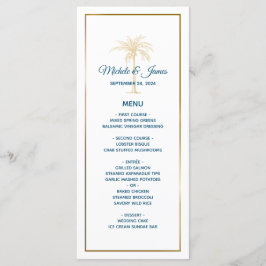 Tropical Blue Gold Palm Tree Beach Hochzeit Menükarte