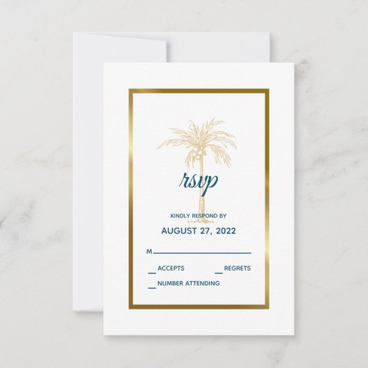 Tropical Blue Gold Palm Tree Beach Hochzeit RSVP Karte (Vorderseite)