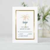 Tropical Blue Gold Palm Tree Beach Hochzeit RSVP Karte (Stehend Vorderseite)