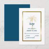 Tropical Blue Gold Palm Tree Beach Hochzeit RSVP Karte (Vorne/Hinten)