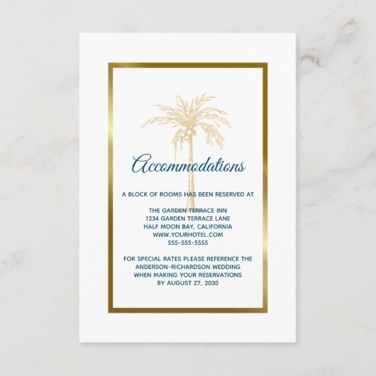 Tropical Blue Gold Palm Tree Hochzeitsunterkunft Begleitkarte (Vorderseite)