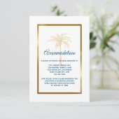 Tropical Blue Gold Palm Tree Hochzeitsunterkunft Begleitkarte (Stehend Vorderseite)
