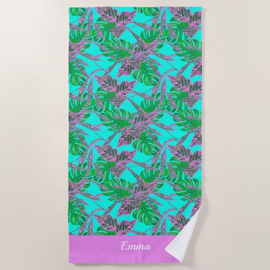 Tropical blue green firstname initial modern beach strandtuch (Vorderseite)