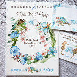 Tropical Blue, Green Leaf Wreath Elopement Einladung<br><div class="desc">Ankündigen Sie Ihre Tropenfeier mit einem Kranz aus blauen, grünen und braunen Hibisken. Schöne blaue Hibiskus-Blume, hellgrüne Bananenfische-Blätter mit blauen und türkisfarbenen Meeresschildkröten. Das hellblaue Blumenmuster wird durch das braune und grüne Monsterablatt ergänzt. Der Blumenkranz von Boho kann problemlos auf eine Reihe anderer Karten, Etiketten und Schilder übertragen werden. Ein...</div>