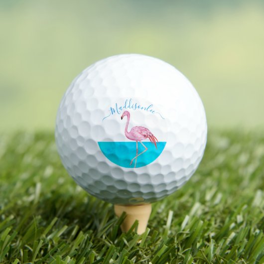 Tropical Blue Monogram Name Black Pink Flamingo Golfball (Insitu T-Shirt)
