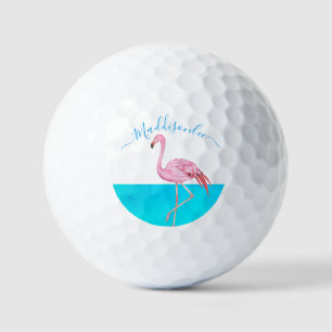 Tropical Blue Monogram Name Black Pink Flamingo Golfball