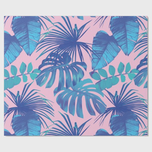 Tropical Blue Monstera & Palm Blätter Pink Geschenkpapier (Flach)