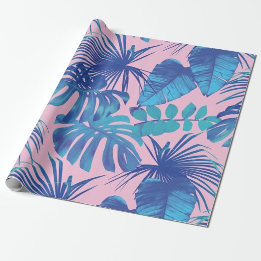 Tropical Blue Monstera & Palm Blätter Pink Geschenkpapier (Ungerollt)