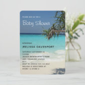 Tropical Blue Ocean Beach Scene Foto Baby Dusche Einladung (Stehend Vorderseite)