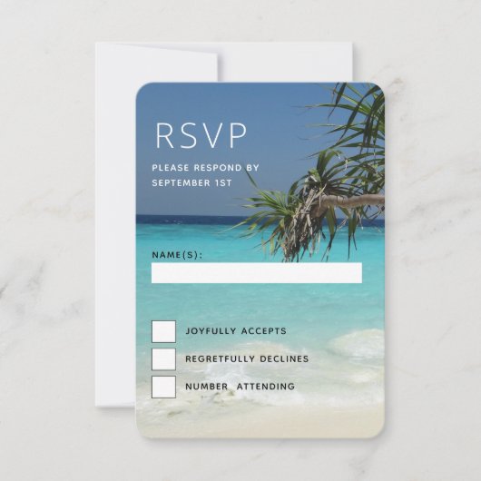 Tropical Blue Ocean Beach Scene Foto Hochzeit RSVP Karte (Vorderseite)