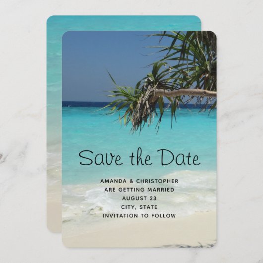 Tropical Blue Ocean Beach Scene Foto Hochzeit Save The Date (Vorne/Hinten)