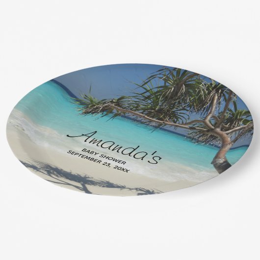 Tropical Blue Ocean Beach Scene Foto Party Pappteller (Schrägansicht)