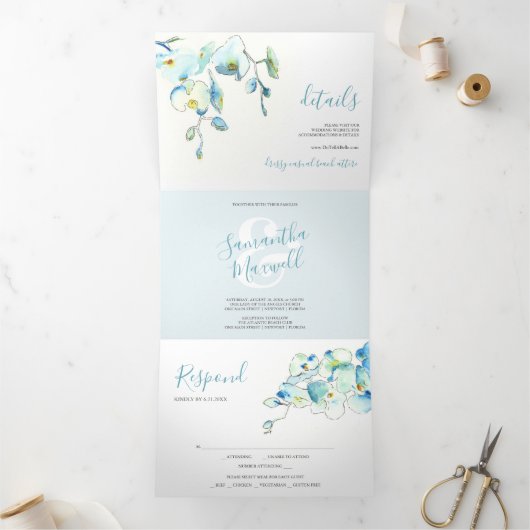Tropical Blue Orchid Trifold Wedding Einladung (Innenseite)