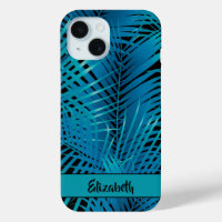 Tropical Blue Palm Fronds auf Schwarz Personalisie