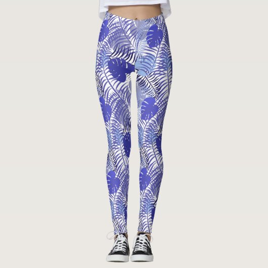 Tropical Blue Palm Leaf Leggings (Vorderseite)