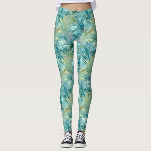 Tropical Blue Palm Leaf Wasserfarbe Gemustert Leggings (Vorderseite)