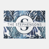 Tropical Blue Palm Leaves Chic Monogram Fußmatte (Vorderseite)