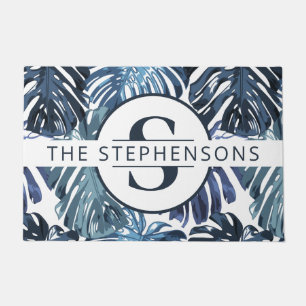 Tropical Blue Palm Leaves Chic Monogram Fußmatte